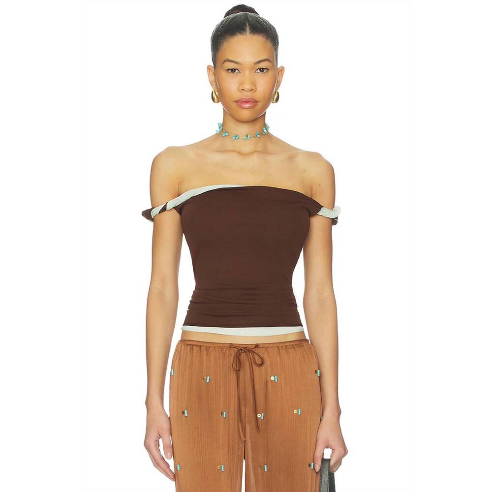 NEW SIR. elia off shoulder twist top in chocolate/mint